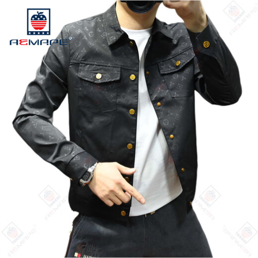 
AEMAPE Jacket Men's 2025 Spring and Autumn New High-Quality Printed Lapel Middle-aged and Young Fashion Slim and Handsome Jacket Trend Black 1047 5XL 195-210Jin [Jin equals 0.5 kg]