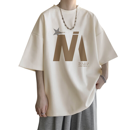 HKML Kurzärärtes T-Shirt für Herren Sommerdünne Modemarke Lose lässige, halbärmelige Jungen runden Hals Fünf-Punkte-T-Shirt-Kleidung Sport 5012 Aprikosenfarbe 155-170jin [Jin Equals Equals gond 0,5 kg] kann 3XL getragen werden