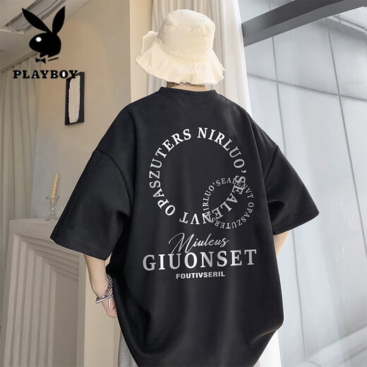 花花公子（PLAYBOY）杏色短袖t恤男士夏季薄款潮牌宽松休闲半袖男生圆领五分T恤衣服 5012杏色 M 90-110斤可穿