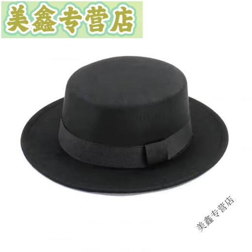 Lanlingfang rétro British Style Black Ribbon Plat Top Hat Hepburn Gentleman Jazz Hat Flat Brim Woolen Wide Brim Men and Women Hat Hat Top Flat Grey