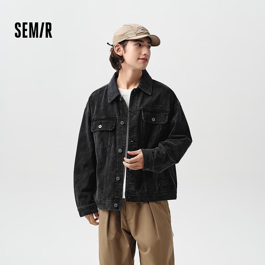 森马（Semir）森柔牛仔|夹克男复古牛仔外套春季时尚绣花工装宽松翻领上衣 牛仔水洗黑98201 L