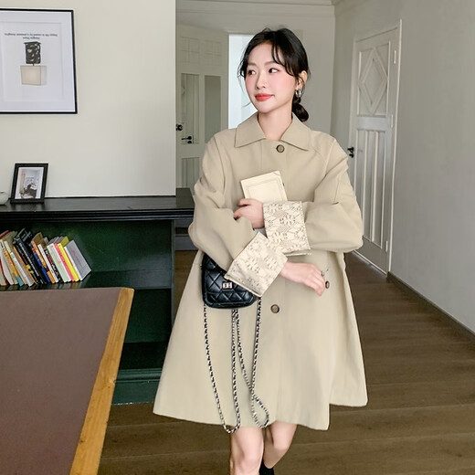 皮尔卡丹卡其色设计感蕾丝拼接风衣外套女2025春季韩系宽松显瘦中长款大衣 卡其色 常规 L （ 121-135斤）