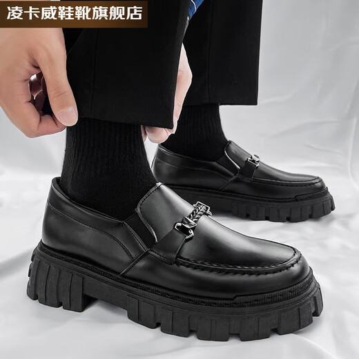 凌卡戚小皮鞋男年春季厚底增高一脚蹬懒人百搭休闲鞋英伦乐福鞋 JL-CL9901 黑色 39