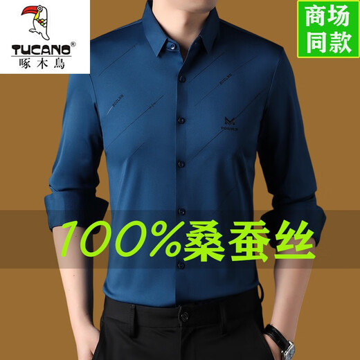 Woodpecker Mulberry Silk non couture chemise à manches longues pour hommes à manches longues et à l'automne Nouvelle entreprise et chemise d'âge moyen décontracté.
