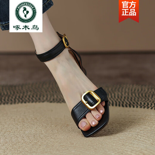 啄木鸟品牌真皮凉鞋2025夏季新款百搭粗跟复古露趾一字扣罗马高跟鞋女鞋 黑色 38
