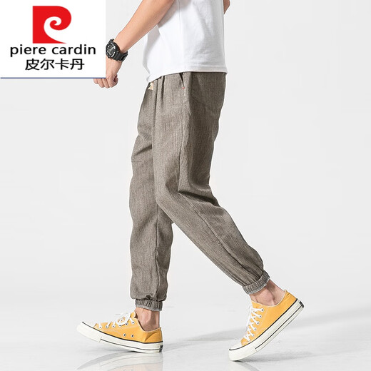 Pierre cardin 2025 summer Chinese style retro cotton linen men's casual pants for men's solid color plus fat loose linen small feet knitted gray M