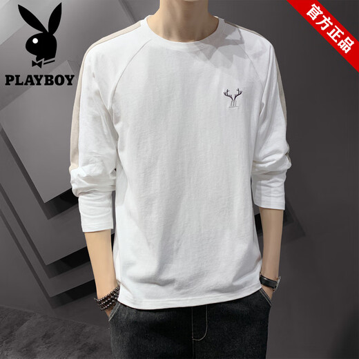 花花公子（PLAYBOY）品牌纯棉长袖t恤男装春夏季宽松刺绣打底衫上衣男款潮牌圆领卫衣 692杏色+692灰色【共2件】 2XL (约140-155斤可穿)