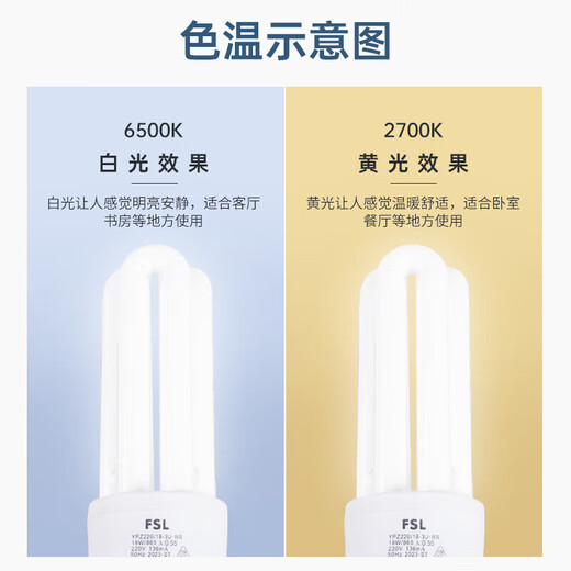FSL Foshan Lighting T4 electronic energy-saving bulb U-shaped three-color fluorescent bulb E27 screw bulb 2U8W white light (6500K)