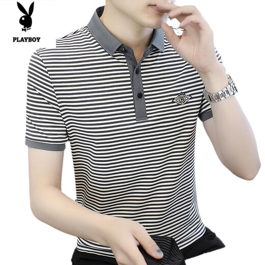 Playboy (Playboy) Striped Kurzärmer T-Shirt für Männer im Sommer New Mercerized Cotton Casual Slim Lteel halbärmelig T-Shirt Polo Shirt Top für Männer schwarz [6627] M [90-110jin [Jin gleich 0,5 kg]]