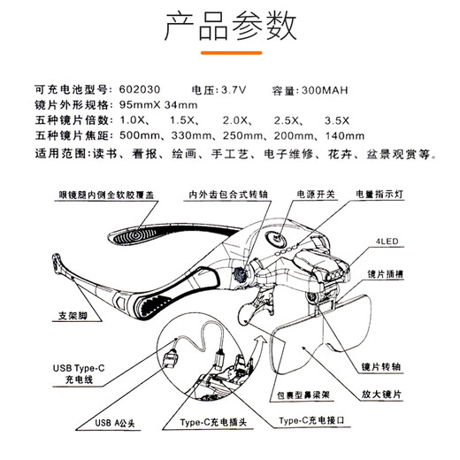 凌誉勋头戴放大镜维修用高清USB供电3.5倍手机电路板高清带l灯老人阅读 BST-9892B2C1黑色 USB充电款