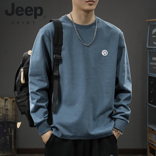 JEEP SPIRIT美式重磅纯棉长袖T恤男士春秋季潮牌百搭卫衣男宽松休闲打底衫 白色纯棉束口长袖-1365 S 【建议90-115斤】