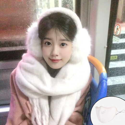 Chuangjingyixuan Nordost-Reise, weiße Plüsch-Ohrenschützer für Damen, Winter, süß, warm, Frostschutzmittel, warme Ohrenschützer, Ohrentaschen, vielseitige Ohrenschützer, dreiteiliges Set, weiße Ohrenschützer + weißer Schal + weiß
