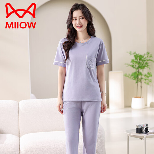 猫人（MiiOW）睡衣女夏季薄款2025年新款纯棉短袖长裤家居服套装夏天全棉可外穿 7374豆绿 L 100-120斤