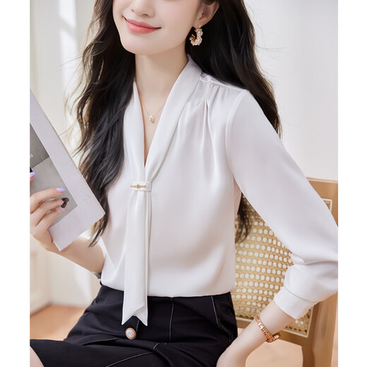 Troman commuter temperament shirt women's long-sleeved ribbon spring fashion casual design niche shirt white