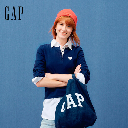 GAP women's spring love patch embroidered logo Henry collar slim long-sleeved T-shirt top 729420 navy blue M (165/84A) Asian size