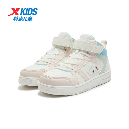 特步童鞋儿童板鞋女童中大童革面新年款耐磨拼色鞋萌趣装饰魔术贴板鞋 帆白/纯净粉 36