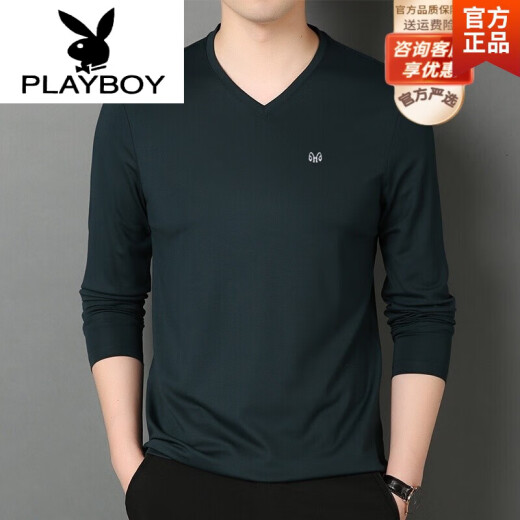花花公子（PLAYBOY）品牌高端男装 2021春秋季V领桑蚕丝长袖T恤男莫代尔鸡心领打底衫 BB1506黑色 XL 180/115
