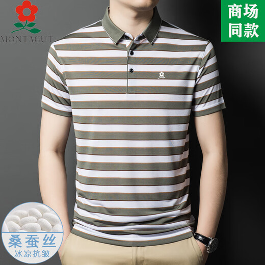 Mengtejiao Kurzärärmig T-Shirt Herren French High-End-Sommer 2025 Neuer Papa Anzug mittlerer Alters Streifen-Lappelpolo A829-Red M 165 Geeignet für 100-115jin [Jin entspricht 0,5 kg]
