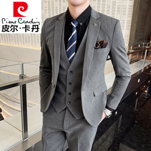Pierre Cardin (pierre cardin) suit men's suit dark pattern wedding dress groom groomsmen group men's three-piece suit business professional formal wear trend black gray suit vest trousers + tie L (106-120Jin Jin equals 0.5 kg)