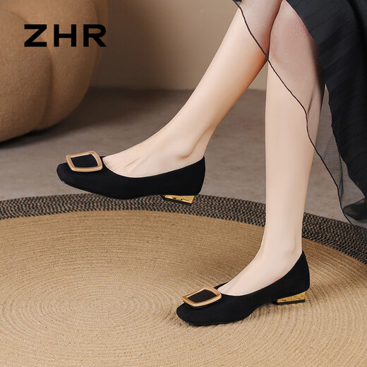 ZHR Single Shoes weiblich elegant intellektuell flachem Mund Dicke Fersenschuhe Pendelstil Square Head Boat Schuhe Frauen BL527 Schwarz 37
