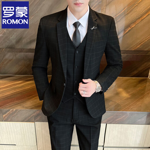 ROMON plaid suit suit male groom wedding suit three-piece groomsmen suit slim Korean style casual formal jacket dark gray three-piece suit free tie XL (120~135Jin Jin equals 0.5kg)
