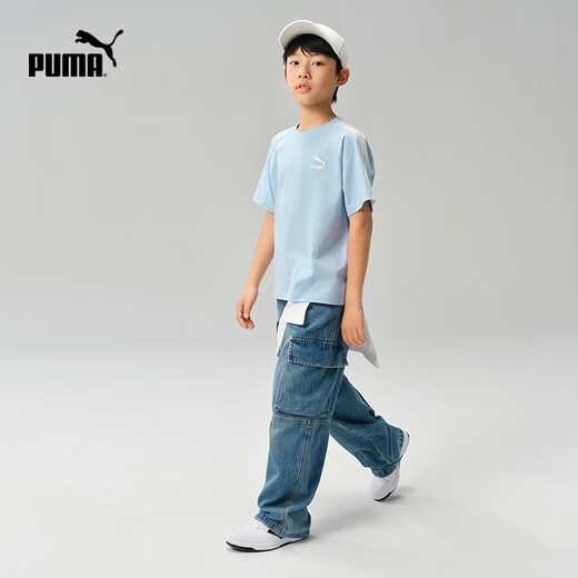 Puma's new children's summer short-sleeved T-shirt contrasting fashion ice blue 80901 170