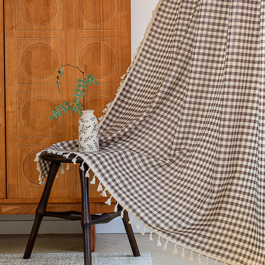 Qingou semi-blackout modern floating curtains with rod-style curtains simple grid for bedroom living room balcony JHM cotton and linen dark coffee mini grid (hook type) 150*260cm