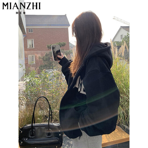 Cotton heavy hooded sweatshirt for women in spring, autumn and winter new American loose Korean style plus velvet Shandong Jimo cardigan jacket 844 white and gray [regular high quality 31.5] L 100-115 Jin [Jin equals 0.5 kg]