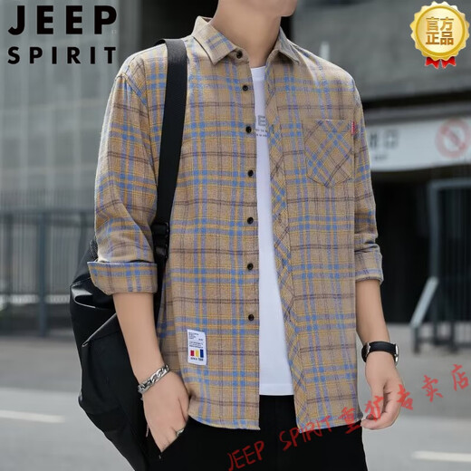 JEEP SPIRIT格子休闲衬衫男士春秋季长袖衬衣韩式上衣服复古宽松夏季常规款外 K12111黄蓝色 M 90-110斤