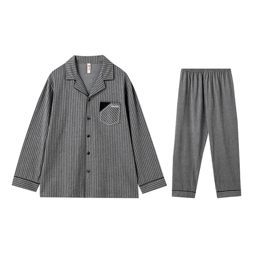 Fenton Couple Pajamas Super Soft Category A Spring Cotton Round Neck Cardigan 7A Antibacterial Homewear Set Dark Gray - Men's L