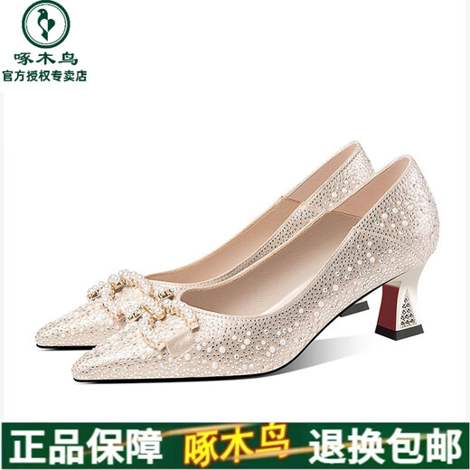啄木鸟真皮尖头高跟单鞋粗跟女水钻春秋季新款中跟气质粗跟法式婚鞋单鞋 金色 37