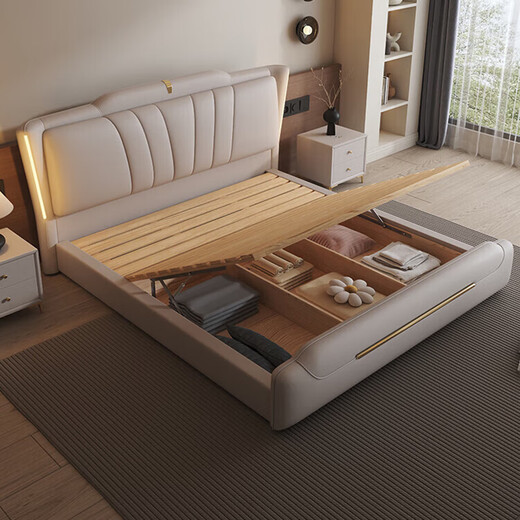 Light luxury leather bed master bedroom queen bed modern simple double bed 1.8 meters storage soft package wedding bed 2 meters leather bed with light high quality leather bed color remarks - delivery to home 1800mm*2000mm frame structure