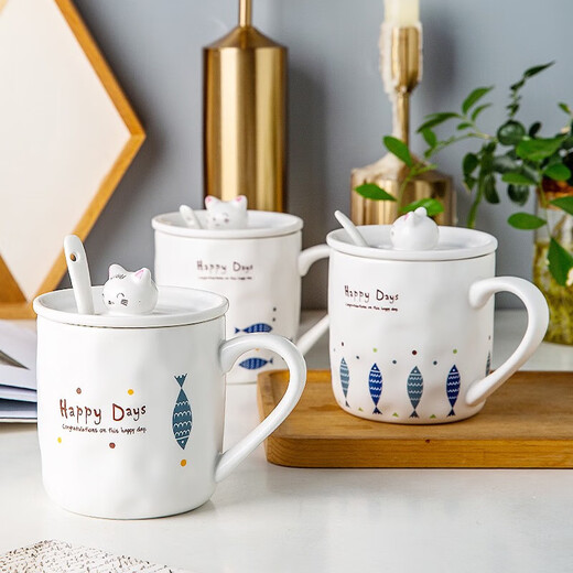 Porcelain soul ceramic mug with lid and spoon cup coffee cup couple tea cup men and women large capacity water cup kitten cup