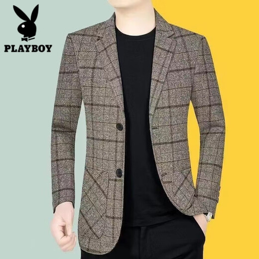Playboy (PLAYBOY) suit jacket men's new autumn and winter business casual autumn and winter style middle-aged men's plaid suit Korean version trendy khaki plus velvet thickened XL recommended 115-130 Jin Jin equals 0.5 kg