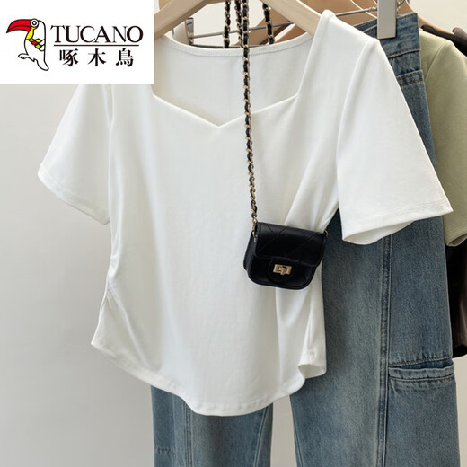 
Woodpecker Large Size Women's Fat mm Summer New Style 2025 Square Collar Irregular Short Sleeve T-shirt Fashion Shoulder Design Top White 13701 3XL Recommended 160-175Jin [Jin equals 0.5 kg]