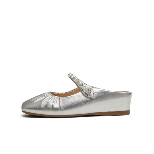 Tianmeiyi Mules Schuhe mit hoherhängender Frauen Sandalen Einkaufszentrum Gleiche französische Bag-Toe-Halbschneide 2025 Sommer BK841BH5 Silber (Schafkin) empfohlen, eine größere Größe 37 zu nehmen 37