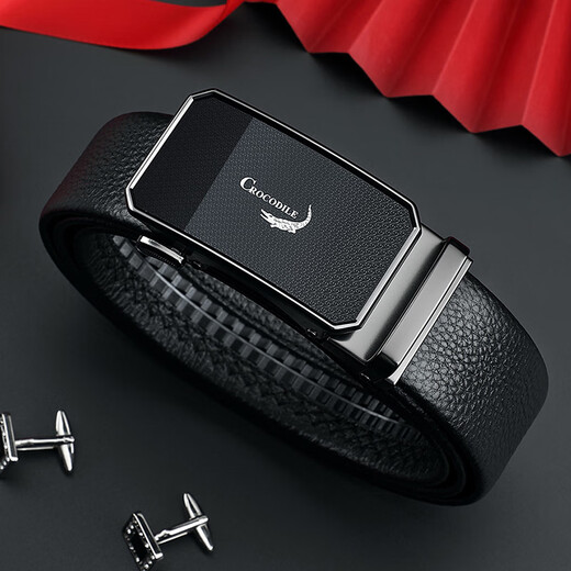 Crocodile shirt fashionable youth front layer cowhide belt men's automatic buckle belt birthday gift boy T3889 black