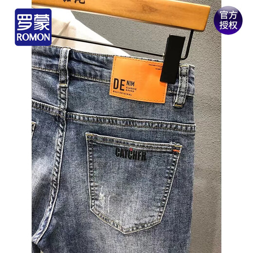 
ROMON (ROMON) 2025 summer denim mid-pants printed trendy brand retro nostalgic washing Korean style slim five-point pants stretch shorts men dark blue 9902 33