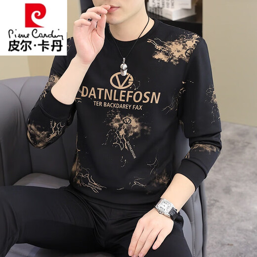 皮尔卡丹2025春季新款圆领卫衣男欧版印花潮流时尚百搭休闲长袖T恤打底衫 AD6625卡其 M