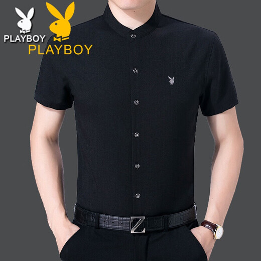 花花公子（PLAYBOY）中年男棉麻立领短袖衬衫衣夏季薄款宽松大码商务爸爸装圆领衬衣寸 咖红 Z6636格子咖红 S 165/84A