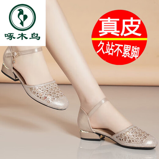 Woodpecker genuine leather thick heel bag-toe sandals for women soft sole fashion mother shoes summer mesh single shoes low heel hollow round toe women's shoes 699-9 champagne color 40