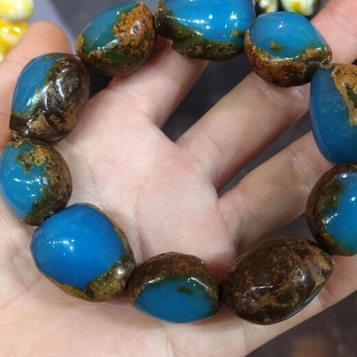 Fat Donglai's new blue amber bracelet with leather, amber raw stone, beeswax bracelet, men's and women's high