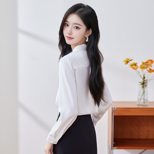 Troman commuter temperament shirt women's long-sleeved ribbon spring fashion casual design niche shirt white