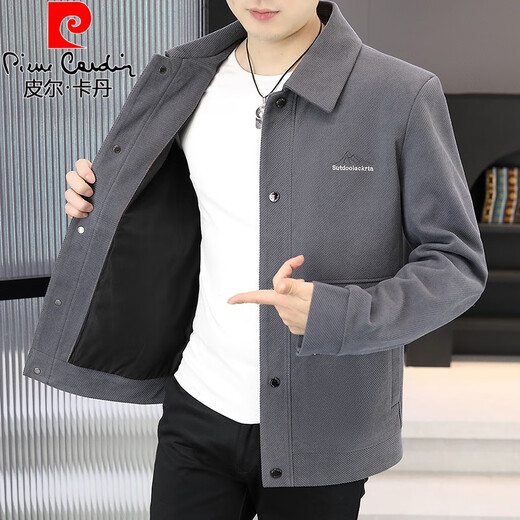 皮尔卡丹（pierre cardin）春秋季翻领夹克男士韩版休闲感时尚百搭短款风衣成熟稳重外套 卡其色 M 90-110斤内
