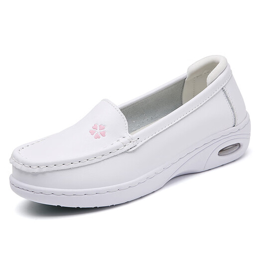 Zapatos de enfermera poresno para mujeres que trabajan sin pies agotadores transpirables y antideslizantes y olor durante la primavera y el verano suela suave suave de cuero grueso espeso plano plano zapatos blancos médicos 9928 blancos suaves sosas no cansadas talla de zapato estándar 34