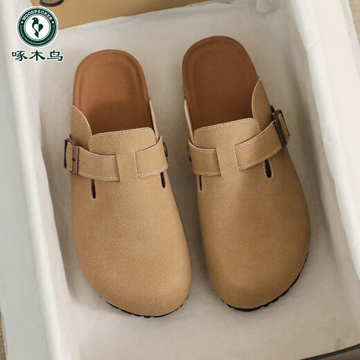 Specht Leder Birkenstock Schuhe für Frauen 2025 Frühling neuer dicker Doken Baotou Half-Slipper Sommerstil Soft-Soled Sandalen Khaki (683-1) 36