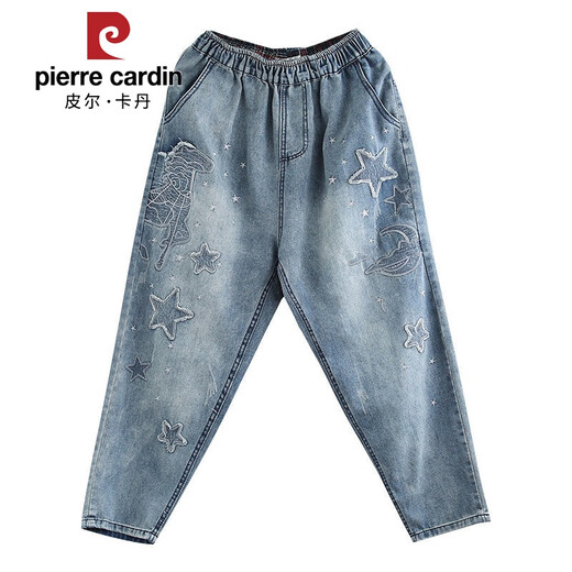 皮尔卡丹（PIERRE CARDIN）刺绣牛仔哈伦裤女春秋季2025年宽松大码松紧腰复古做旧休闲九分裤 831#复古蓝【星星刺绣】九分裤 2XL 145-160斤