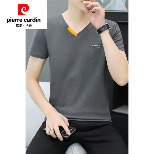 皮尔卡丹（pierre cardin）父亲节夏装新款纯色纯棉男短袖t恤打底衫V领体恤半袖上衣服 杏色qy691 XL 120-135斤