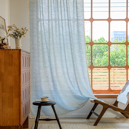 Qingou semi-blackout modern floating curtains with rod-style curtains simple grid for bedroom living room balcony JHM cotton and linen dark coffee mini grid (hook type) 150*260cm