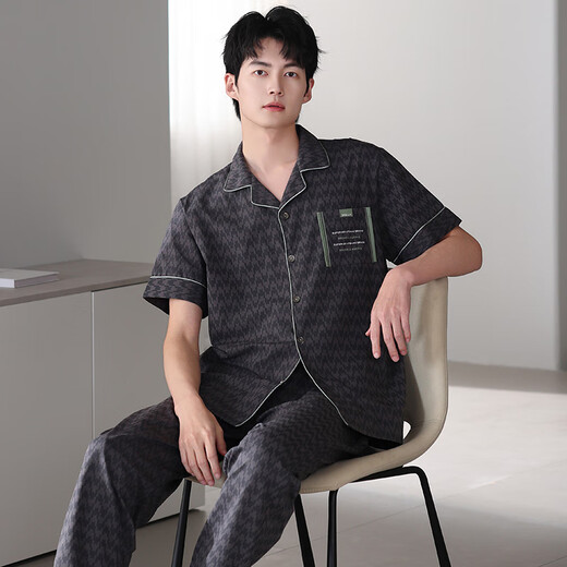 美即莱（MEIJILAI）睡衣男士夏季纯棉短袖长裤开衫薄款全棉家居服男春夏款加大码套装 5009（95%棉+5%氨纶） XL （身高175-180体重140-160）